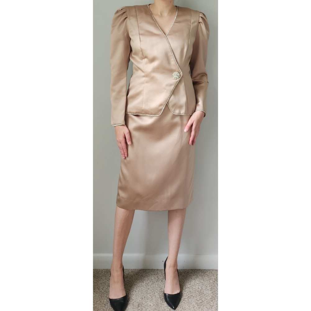 Vintage 80s Satin 2 Piece Formal Suit 8 Skirt Suit